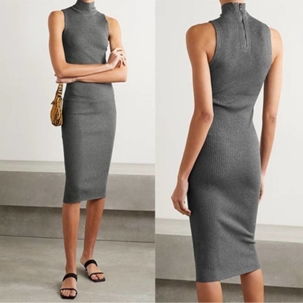 Alice + Olivia Brooklynne Ribbed Stretch Knit Turtleneck Midi Dress Grey Size XS